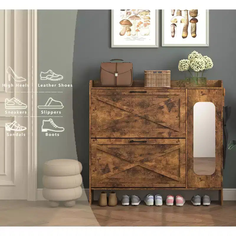 Shoe cabinet with 2 flip-top drawers, freestanding storage unit with metal legs, suitable for entryways, narrow shoe rack, country brown color