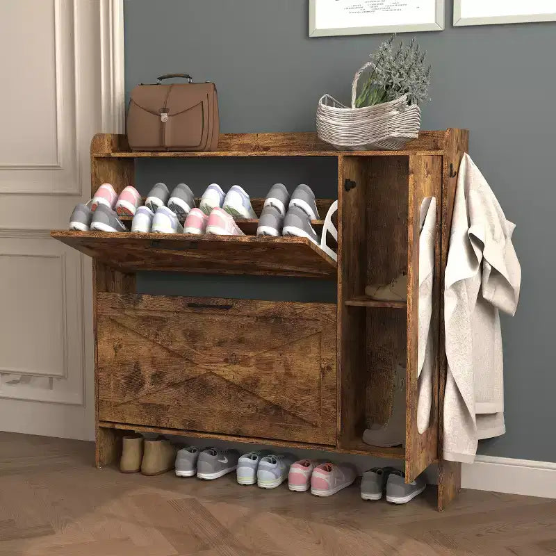 Shoe cabinet with 2 flip-top drawers, freestanding storage unit with metal legs, suitable for entryways, narrow shoe rack, country brown color