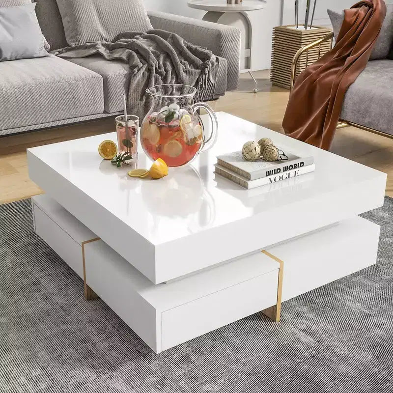 TUYOHW 31.5 On-Trend High Gloss Accent Coffee Table with4 Drawers,2-Tier Center Table Cocktail Table for Living Room,110lbs Capacity,White