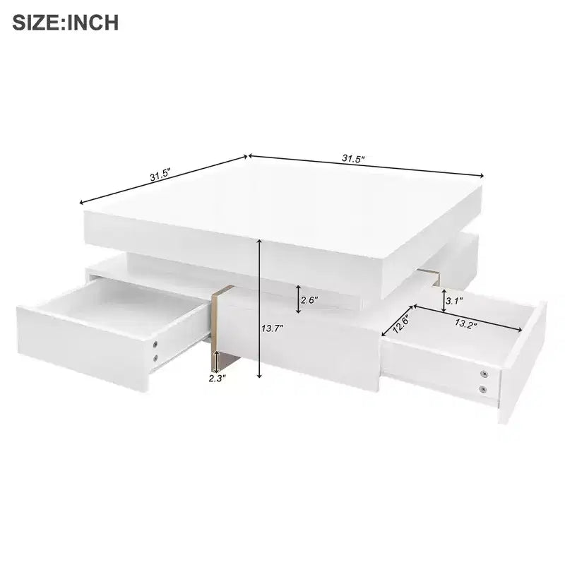31.5" High Gloss Coffee Table with 4 Drawers, 2-Tier Center Table, 110 lbs Capacity, White