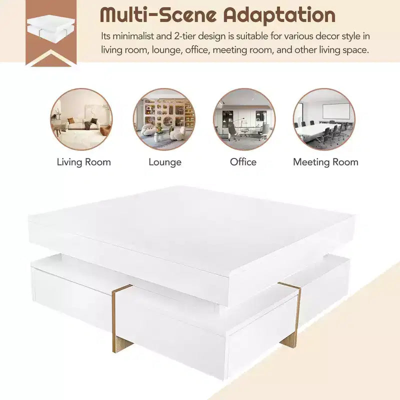 31.5" High Gloss Coffee Table with 4 Drawers, 2-Tier Center Table, 110 lbs Capacity, White