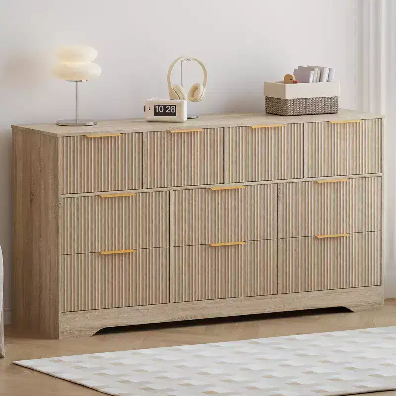 55" White Fluted Double Dresser with 10 Drawers & Gold Handles, Bedroom Chest