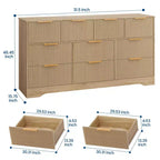 55" White Fluted Double Dresser with 10 Drawers & Gold Handles, Bedroom Chest
