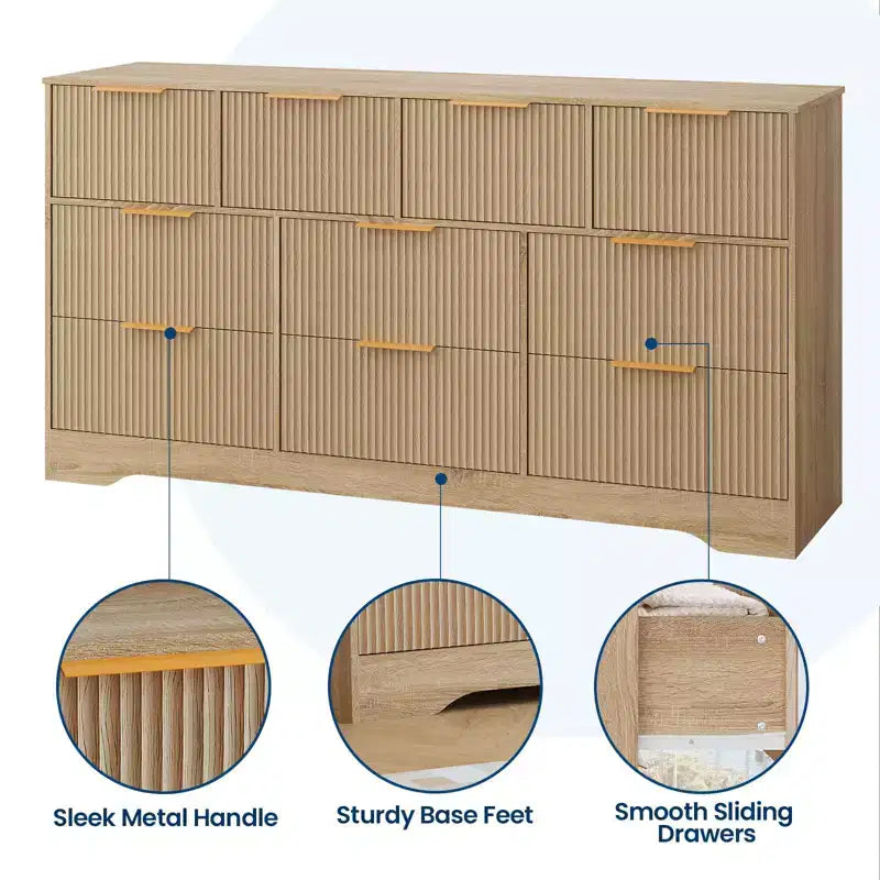 55" White Fluted Double Dresser with 10 Drawers & Gold Handles, Bedroom Chest