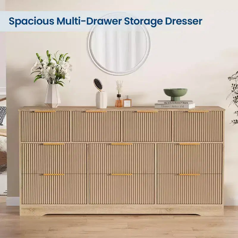 55" White Fluted Double Dresser with 10 Drawers & Gold Handles, Bedroom Chest