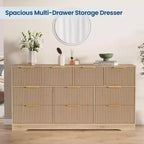 55" White Fluted Double Dresser with 10 Drawers & Gold Handles, Bedroom Chest