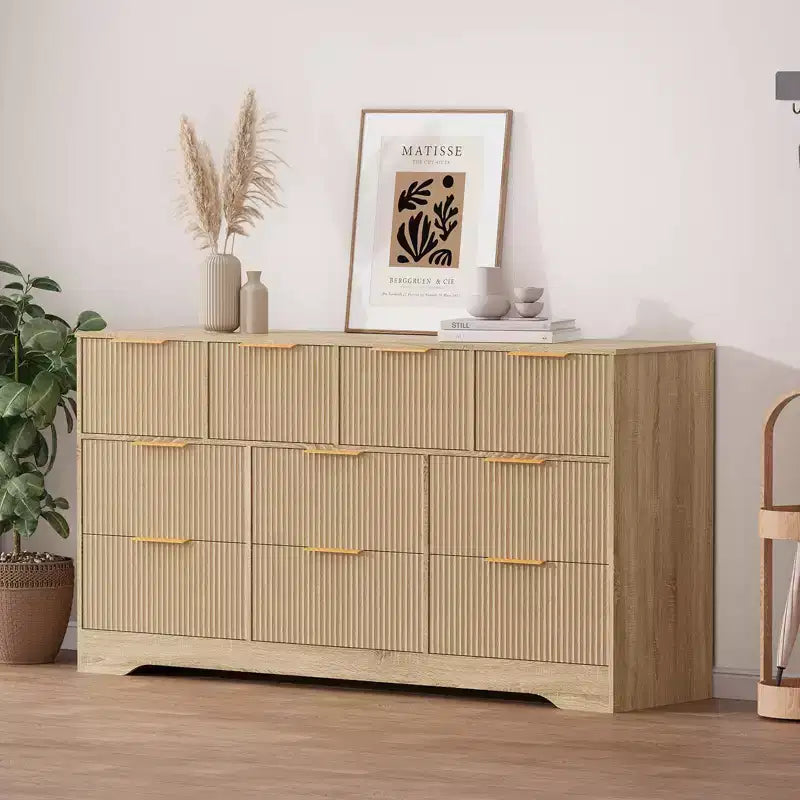 55" White Fluted Double Dresser with 10 Drawers & Gold Handles, Bedroom Chest