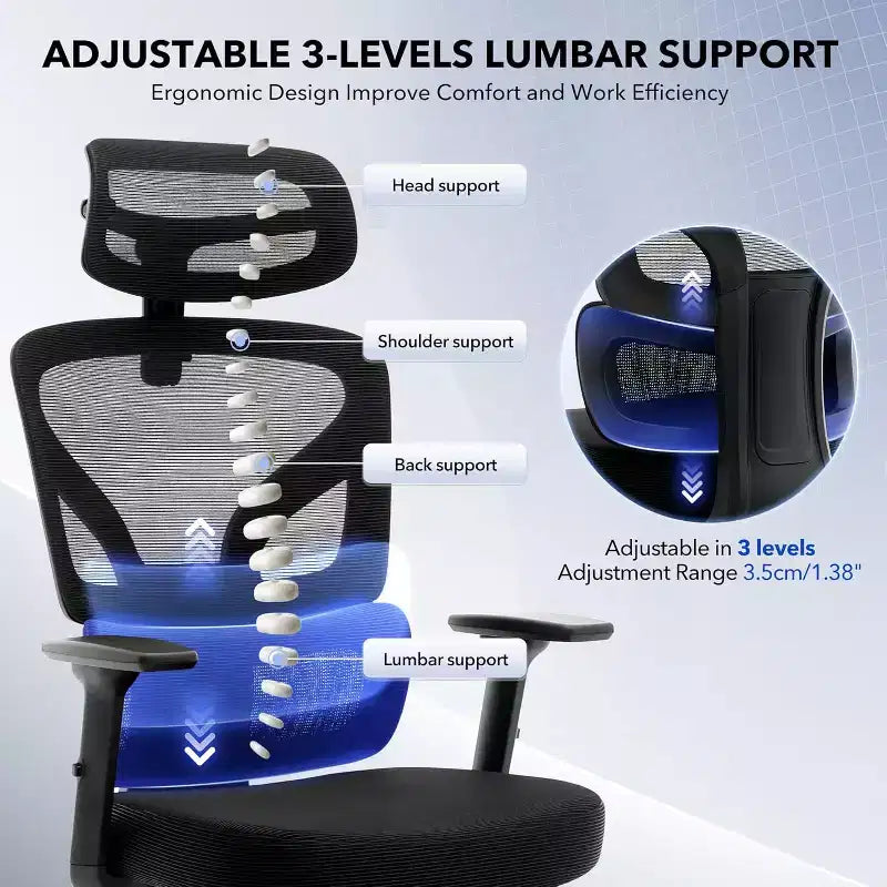 Ergonomic Mesh Office Chair with 3D Lumbar Support, Adjustable Armrest & Headrest