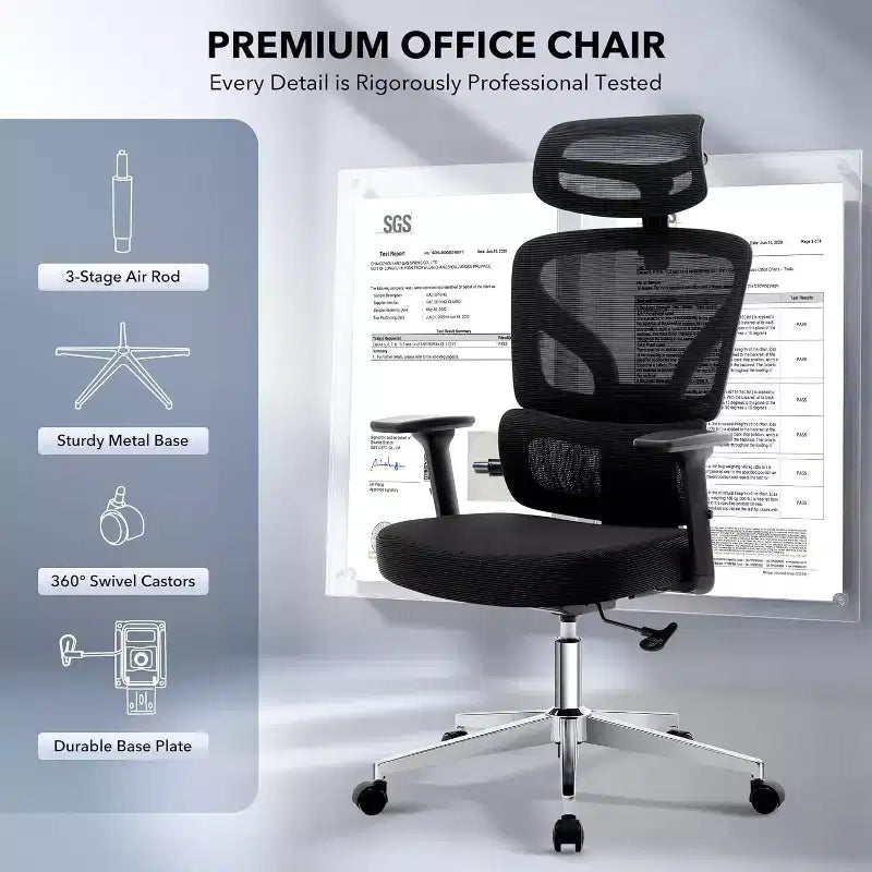 Ergonomic Mesh Office Chair with 3D Lumbar Support, Adjustable Armrest & Headrest