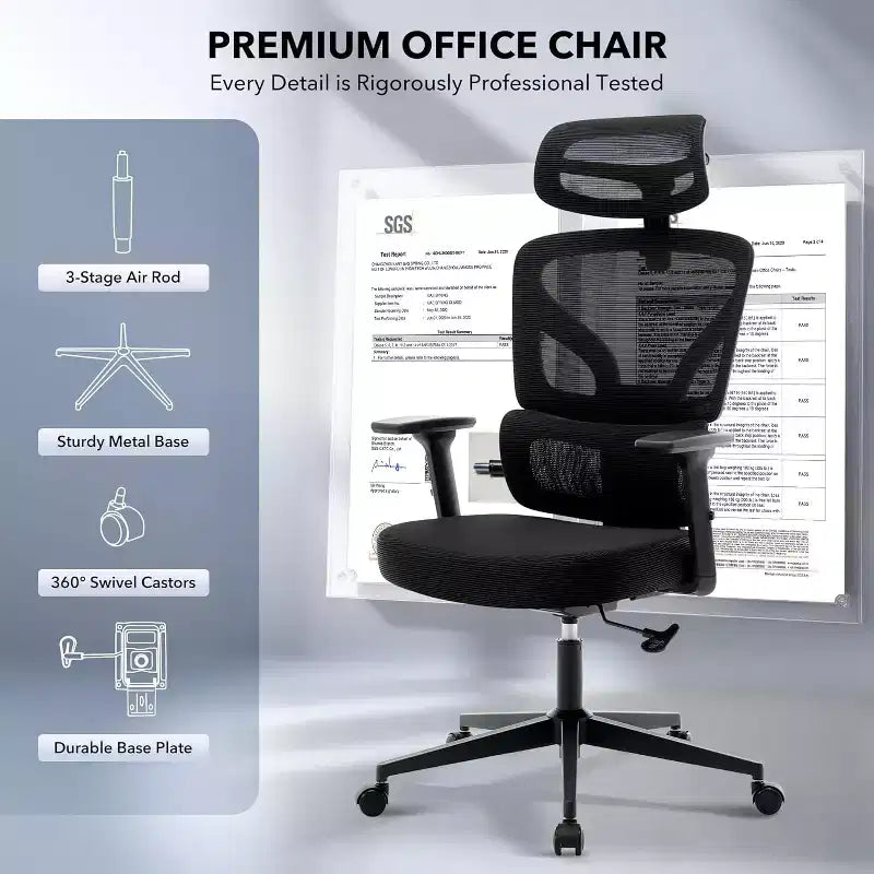 Ergonomic Mesh Office Chair with 3D Lumbar Support, Adjustable Armrest & Headrest