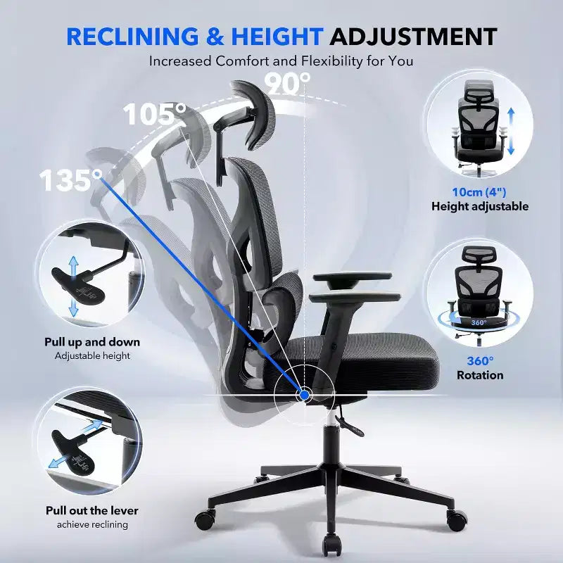 Ergonomic Mesh Office Chair with 3D Lumbar Support, Adjustable Armrest & Headrest