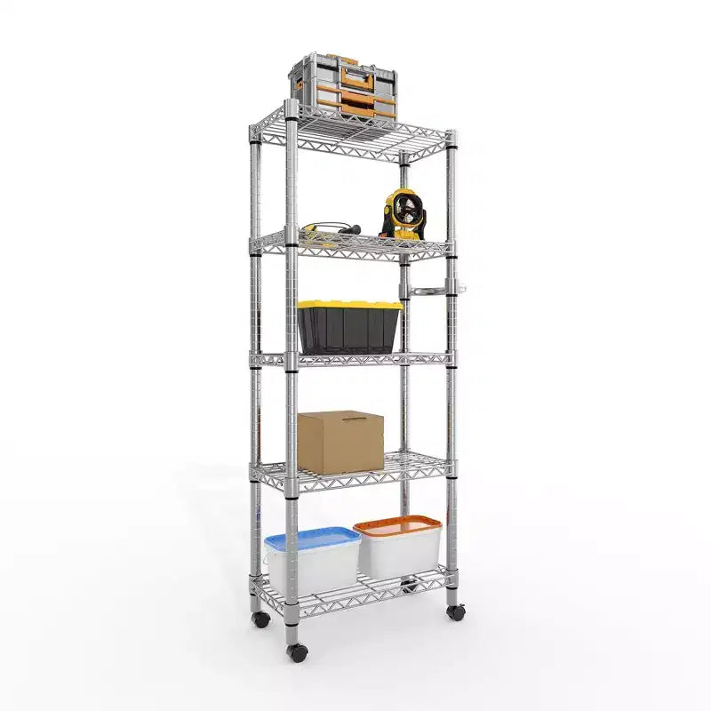61-Inch Metal Storage Rack with Wheels, 5-Tier Adjustable Wire Mesh Rack with Side Handles, Rolling Shelving Unit for Kitchen and Home, Silver