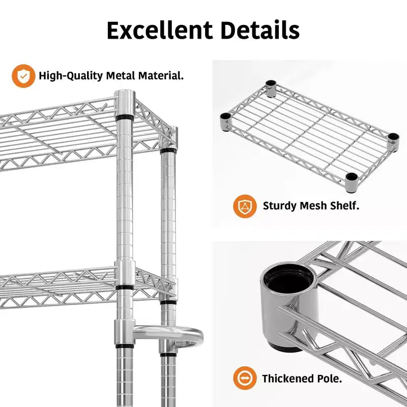 61-Inch Metal Storage Rack with Wheels, 5-Tier Adjustable Wire Mesh Rack with Side Handles, Rolling Shelving Unit for Kitchen and Home, Silver