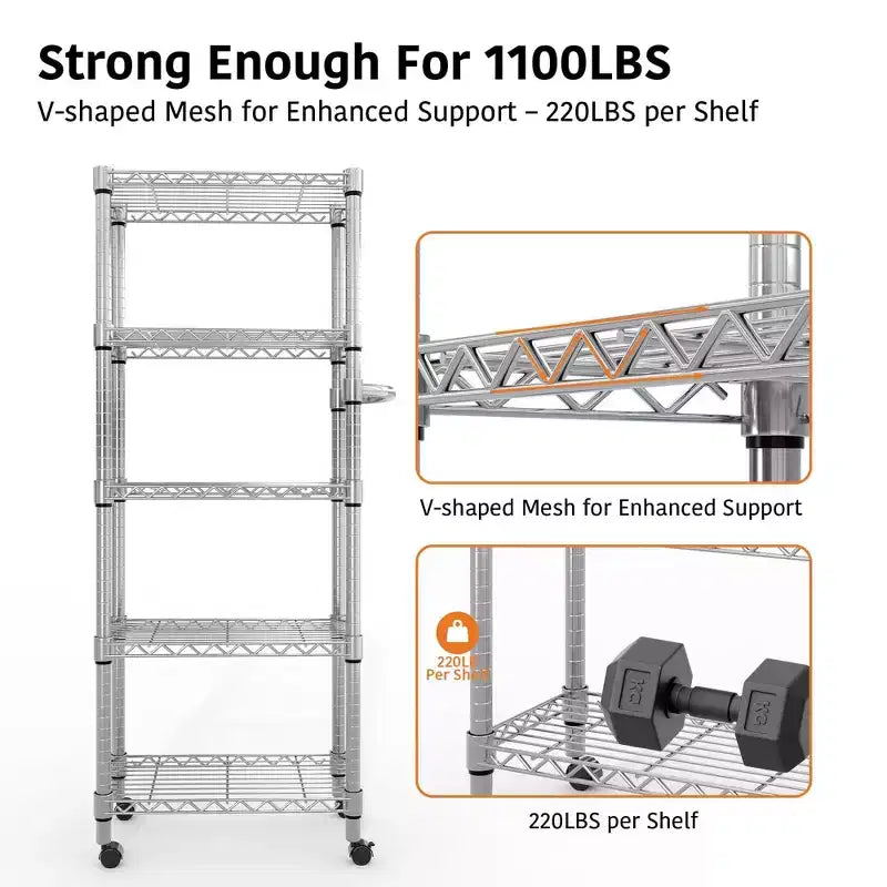 61-Inch Metal Storage Rack with Wheels, 5-Tier Adjustable Wire Mesh Rack with Side Handles, Rolling Shelving Unit for Kitchen and Home, Silver