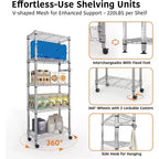 61-Inch Metal Storage Rack with Wheels, 5-Tier Adjustable Wire Mesh Rack with Side Handles, Rolling Shelving Unit for Kitchen and Home, Silver