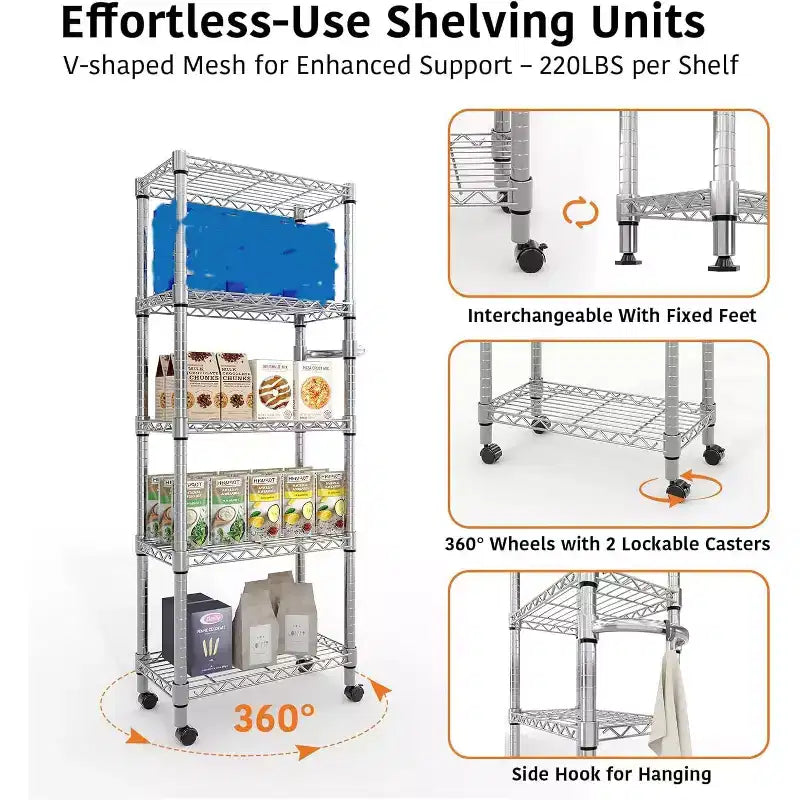 61-Inch Metal Storage Rack with Wheels, 5-Tier Adjustable Wire Mesh Rack with Side Handles, Rolling Shelving Unit for Kitchen and Home, Silver