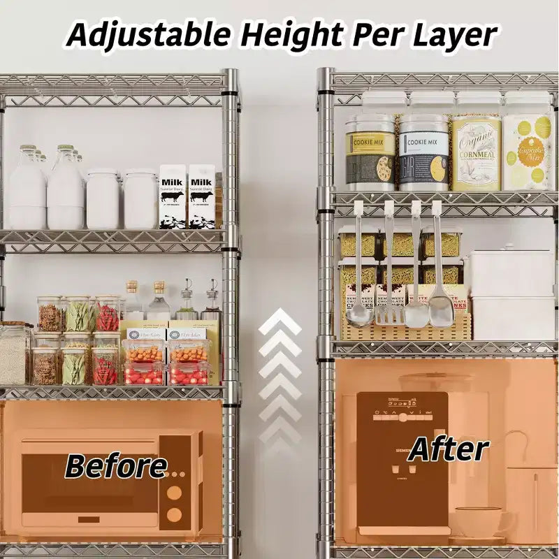 61-Inch Metal Storage Rack with Wheels, 5-Tier Adjustable Wire Mesh Rack with Side Handles, Rolling Shelving Unit for Kitchen and Home, Silver