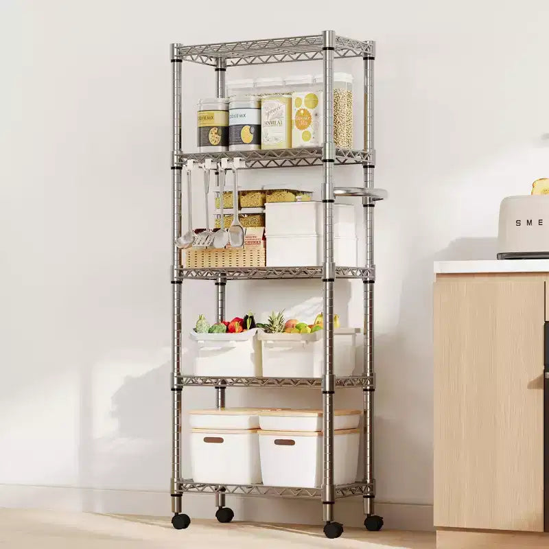 61-Inch Metal Storage Rack with Wheels, 5-Tier Adjustable Wire Mesh Rack with Side Handles, Rolling Shelving Unit for Kitchen and Home, Silver
