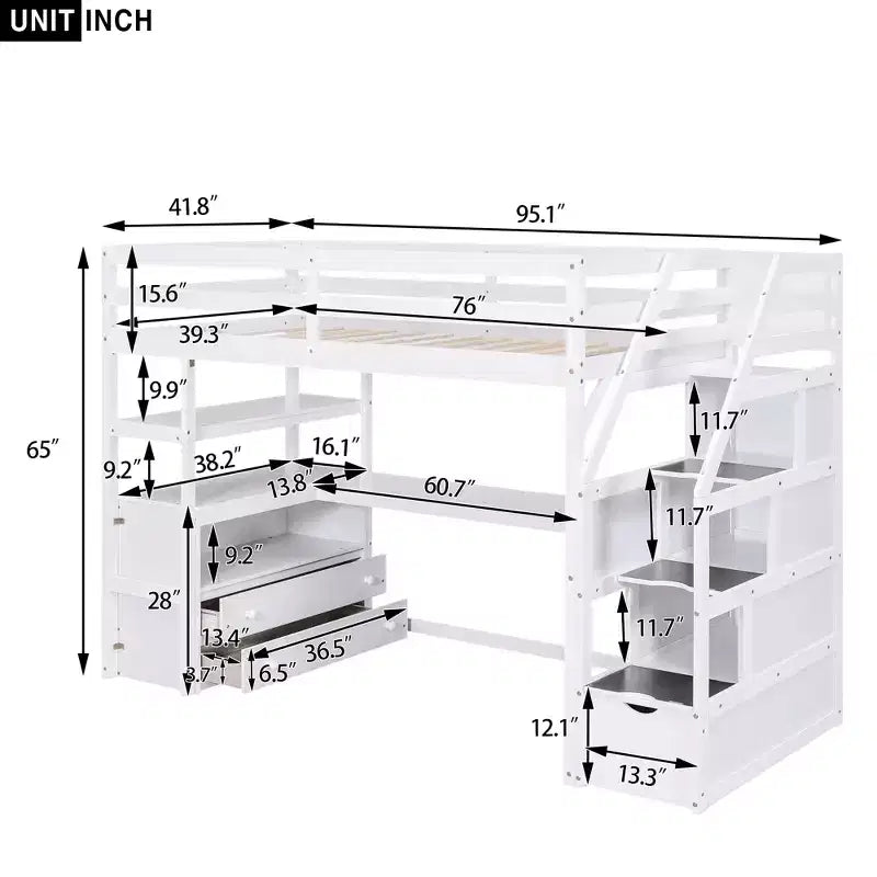 Full/Twin Loft Bed with Built-In Desk, Shelves, Storage Staircase & 2 Drawers