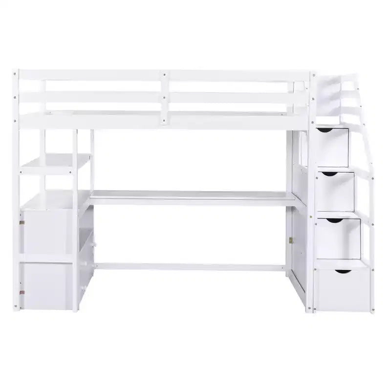 Full/Twin Loft Bed with Built-In Desk, Shelves, Storage Staircase & 2 Drawers