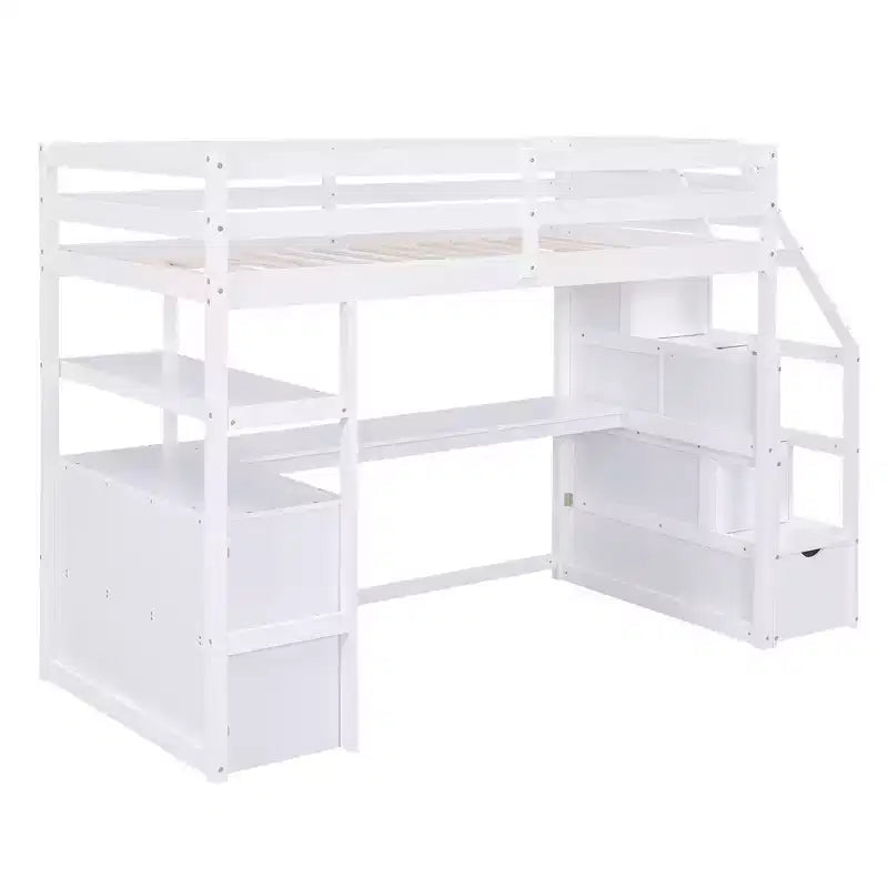 Full/Twin Loft Bed with Built-In Desk, Shelves, Storage Staircase & 2 Drawers