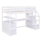 Full/Twin Loft Bed with Built-In Desk, Shelves, Storage Staircase & 2 Drawers