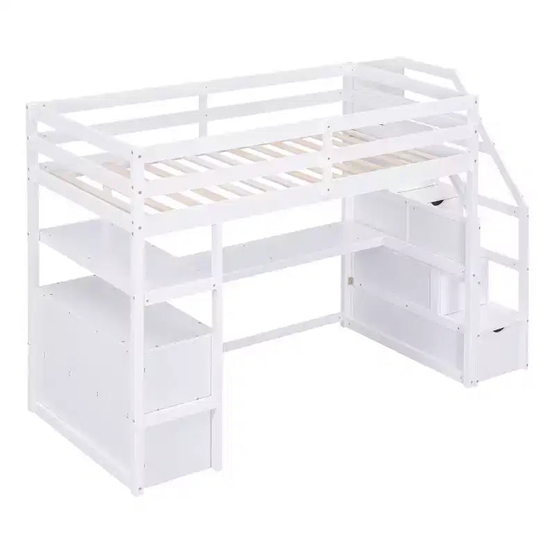 Full/Twin Loft Bed with Built-In Desk, Shelves, Storage Staircase & 2 Drawers