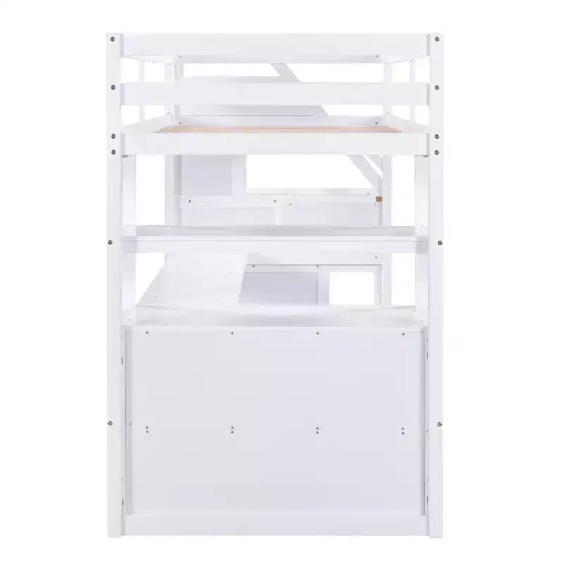 Full/Twin Loft Bed with Built-In Desk, Shelves, Storage Staircase & 2 Drawers