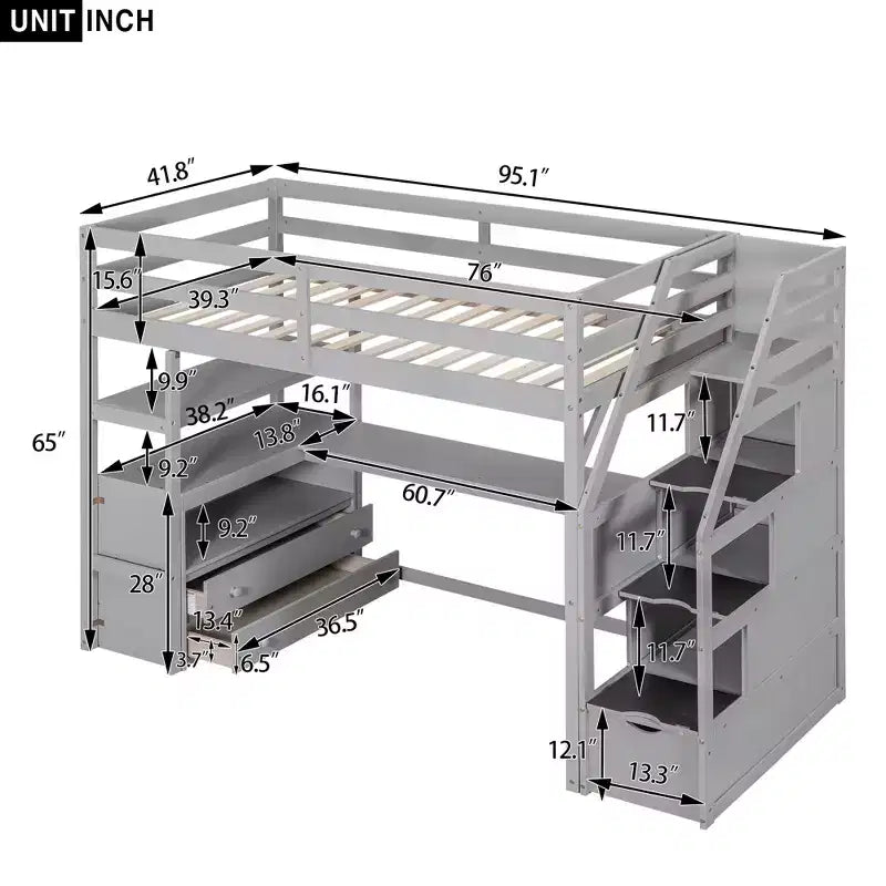 Full/Twin Loft Bed with Built-In Desk, Shelves, Storage Staircase & 2 Drawers