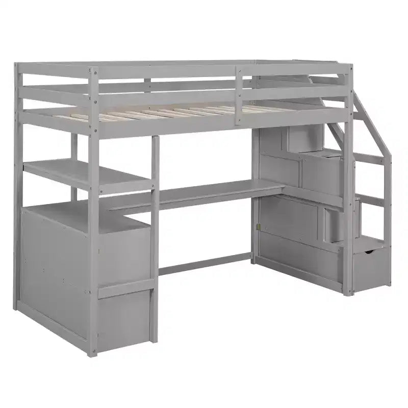 Full/Twin Loft Bed with Built-In Desk, Shelves, Storage Staircase & 2 Drawers