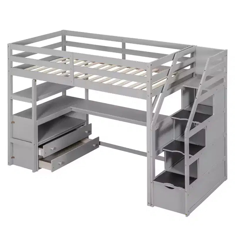 Full/Twin Loft Bed with Built-In Desk, Shelves, Storage Staircase & 2 Drawers