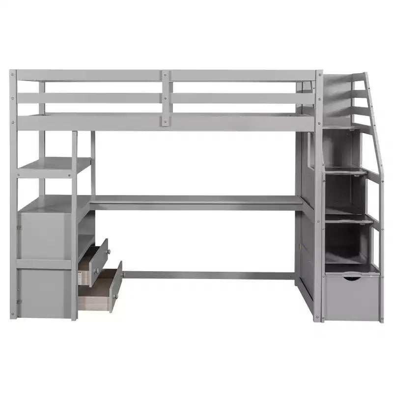 Full/Twin Loft Bed with Built-In Desk, Shelves, Storage Staircase & 2 Drawers