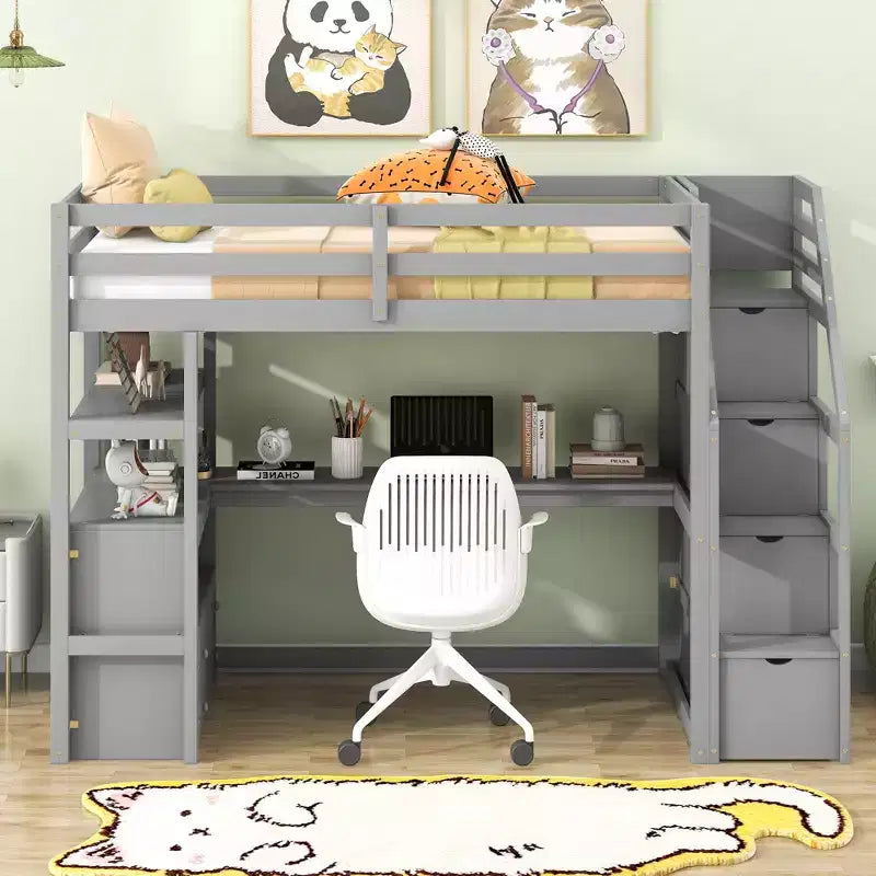 GDFStudio Lewis Loft Bed with Desk and Shelves, Two Built-in Drawers, Storage Staircase