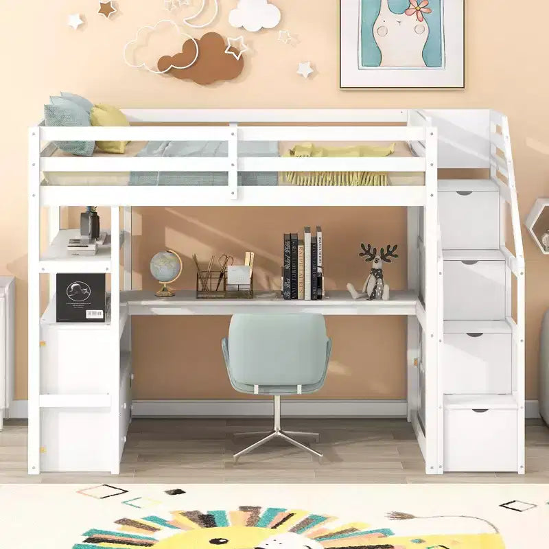 Full/Twin Loft Bed with Built-In Desk, Shelves, Storage Staircase & 2 Drawers