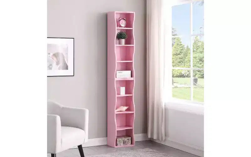 8-Tier Narrow Bookshelf with Adjustable Shelves & Wavy Border, Display Cabinet for Living Room