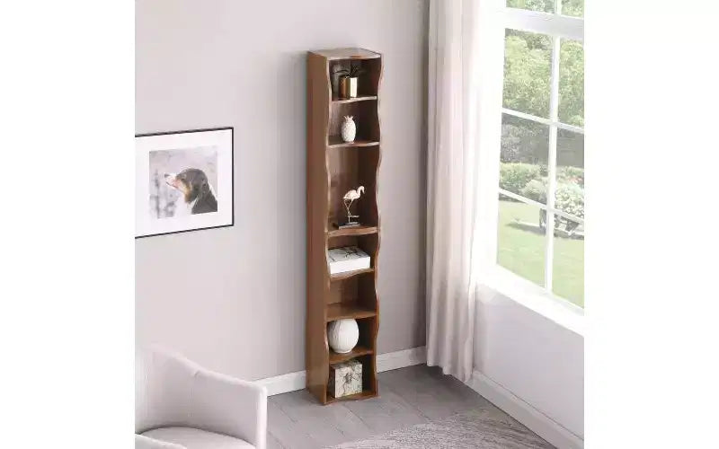 8-Tier Narrow Bookshelf with Adjustable Shelves & Wavy Border, Display Cabinet for Living Room