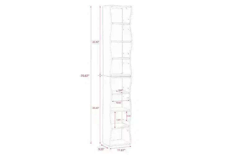 8-Tier Narrow Bookshelf with Adjustable Shelves & Wavy Border, Display Cabinet for Living Room