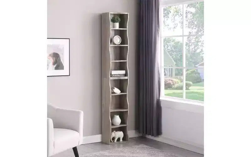 8-Tier Narrow Bookshelf with Adjustable Shelves & Wavy Border, Display Cabinet for Living Room