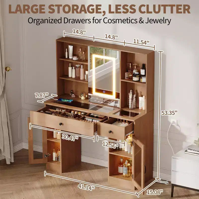 41" White Makeup Vanity Desk with LED Mirror, Power Outlet, 2 Drawers & 4 Glass Cabinets