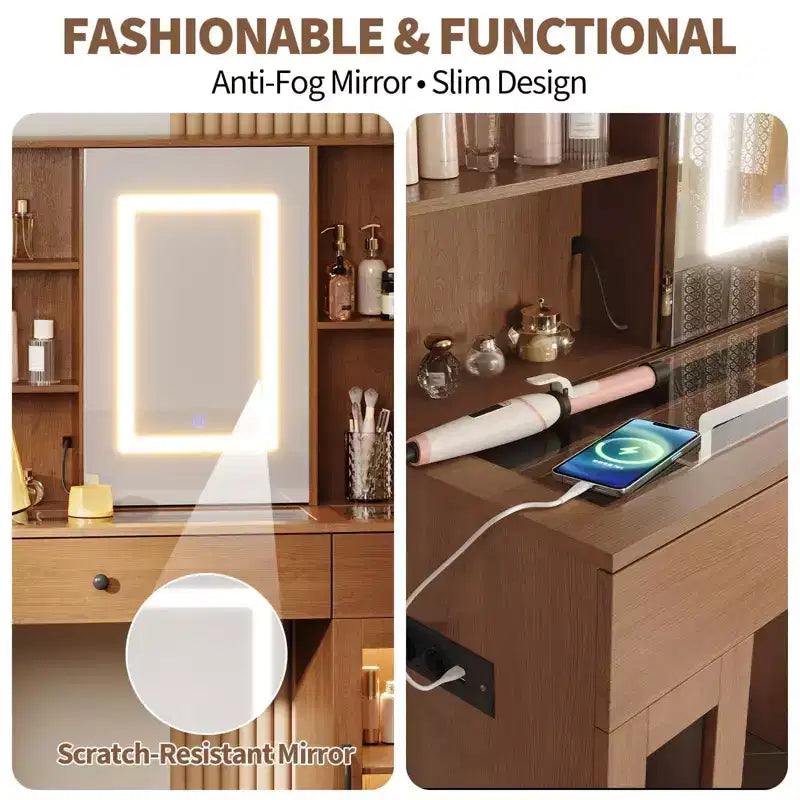 41" White Makeup Vanity Desk with LED Mirror, Power Outlet, 2 Drawers & 4 Glass Cabinets