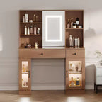 41" White Makeup Vanity Desk with LED Mirror, Power Outlet, 2 Drawers & 4 Glass Cabinets