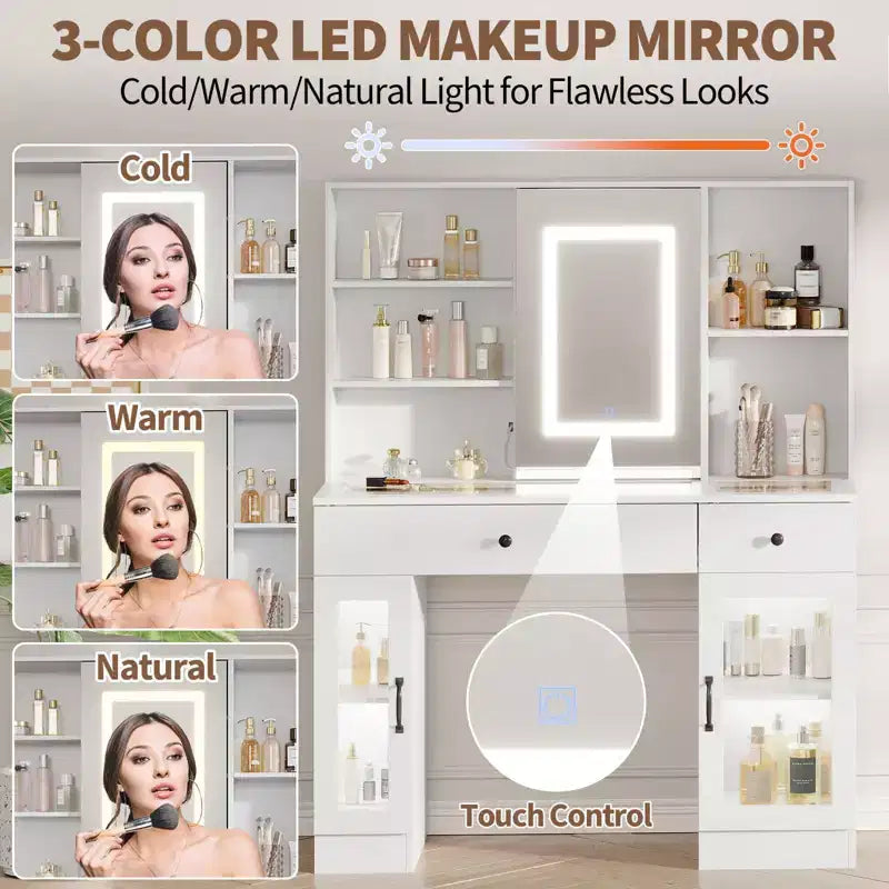 41" White Makeup Vanity Desk with LED Mirror, Power Outlet, 2 Drawers & 4 Glass Cabinets