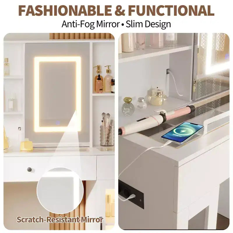 41" White Makeup Vanity Desk with LED Mirror, Power Outlet, 2 Drawers & 4 Glass Cabinets