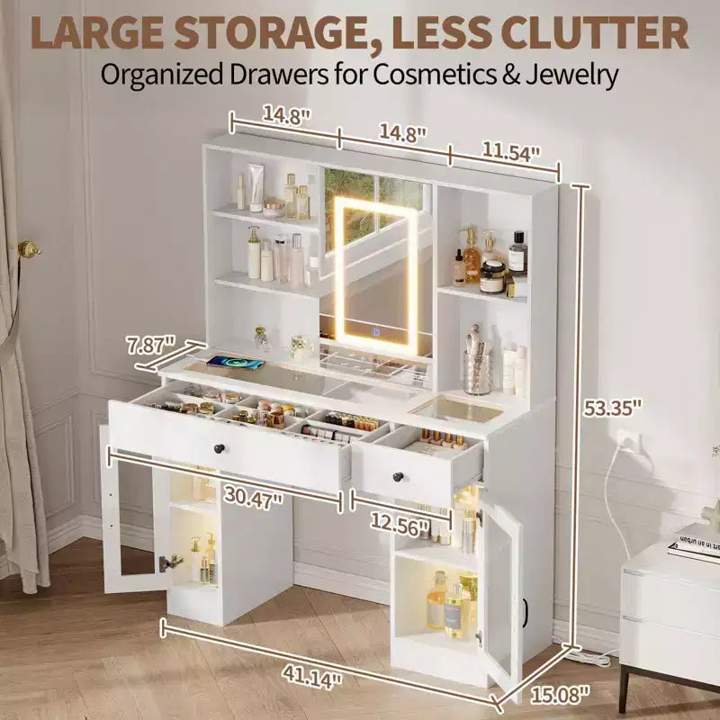 41" White Makeup Vanity Desk with LED Mirror, Power Outlet, 2 Drawers & 4 Glass Cabinets