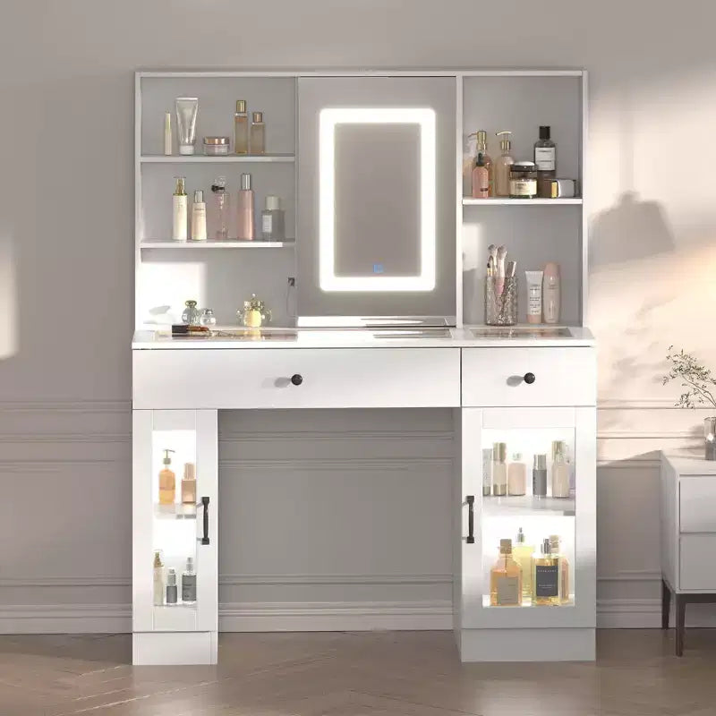 41" White Makeup Vanity Desk with LED Mirror, Power Outlet, 2 Drawers & 4 Glass Cabinets
