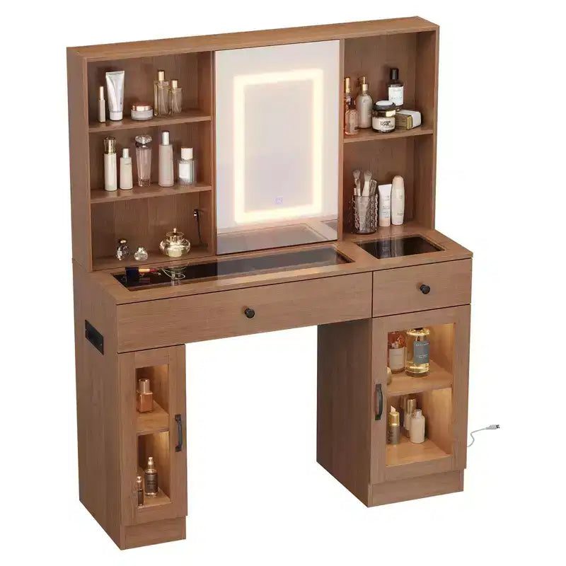 41" White Makeup Vanity Desk with LED Mirror, Power Outlet, 2 Drawers & 4 Glass Cabinets