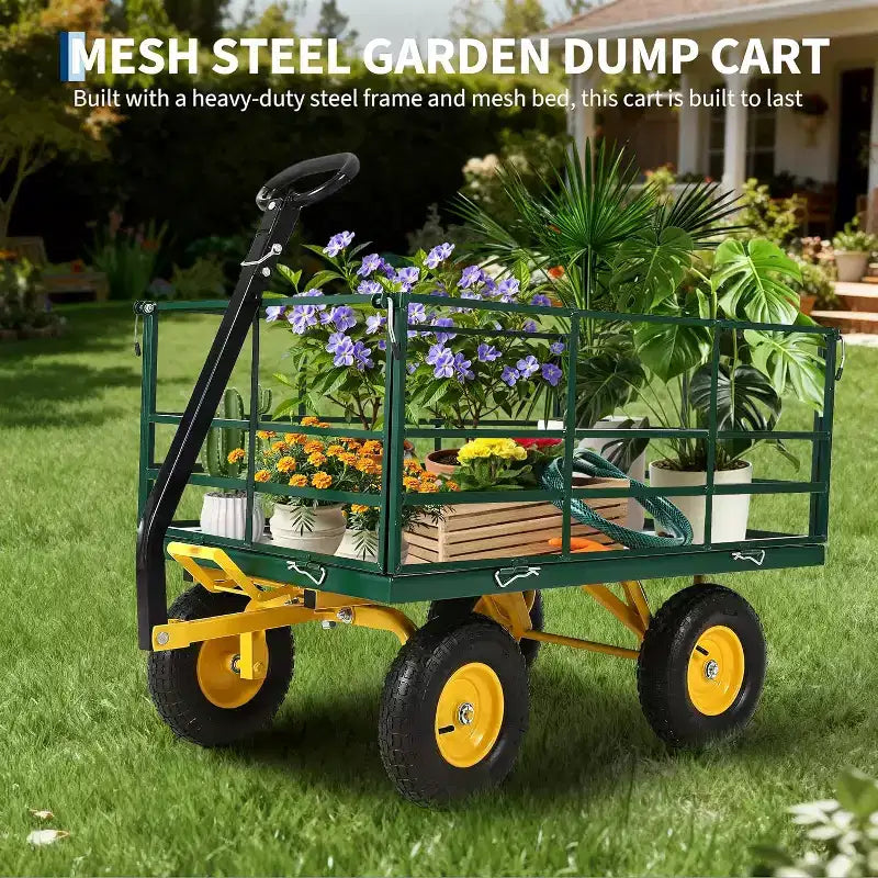 1500 Lbs Heavy Duty Steel Garden Cart, Garden Wagon Cart on Wheels, Outdoor Metal Yard Trailer Utility Wagon Carts with Mesh, Removable Sides