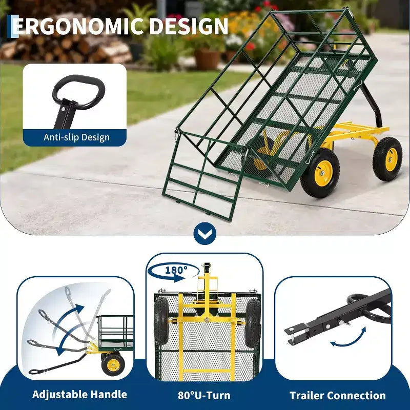 1500 Lbs Heavy Duty Steel Garden Cart, Garden Wagon Cart on Wheels, Outdoor Metal Yard Trailer Utility Wagon Carts with Mesh, Removable Sides
