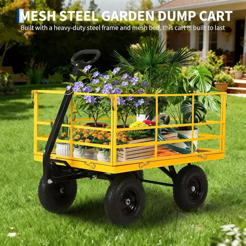 1500 Lbs Heavy Duty Steel Garden Cart, Garden Wagon Cart on Wheels, Outdoor Metal Yard Trailer Utility Wagon Carts with Mesh, Removable Sides