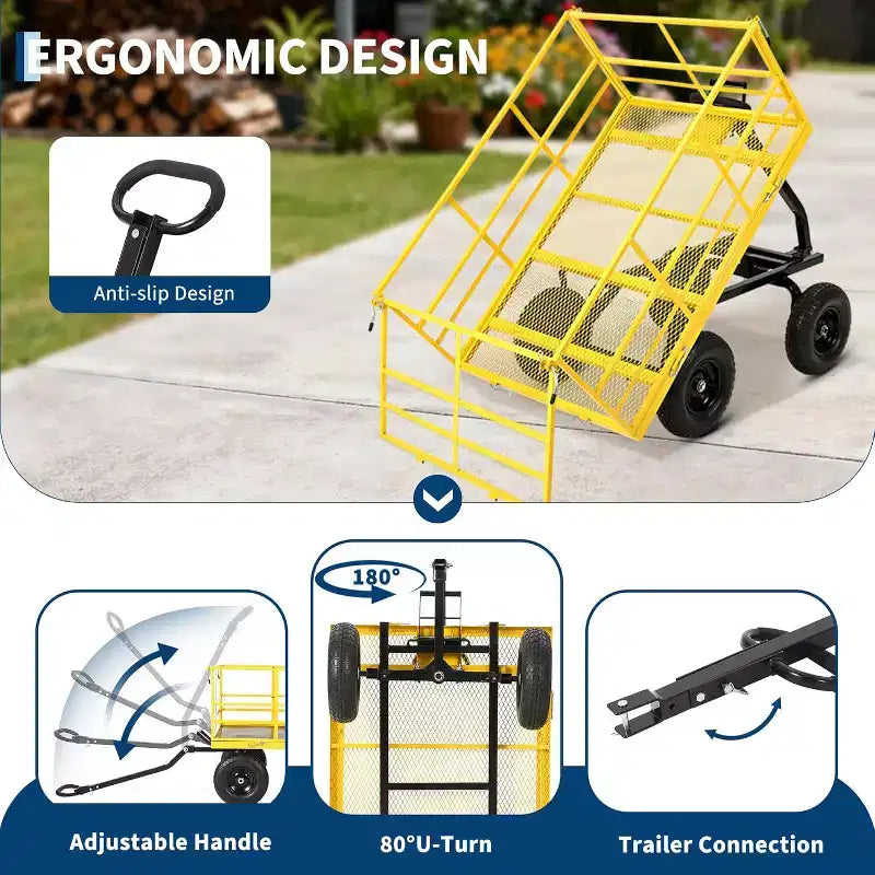 1500 Lbs Heavy Duty Steel Garden Cart, Garden Wagon Cart on Wheels, Outdoor Metal Yard Trailer Utility Wagon Carts with Mesh, Removable Sides